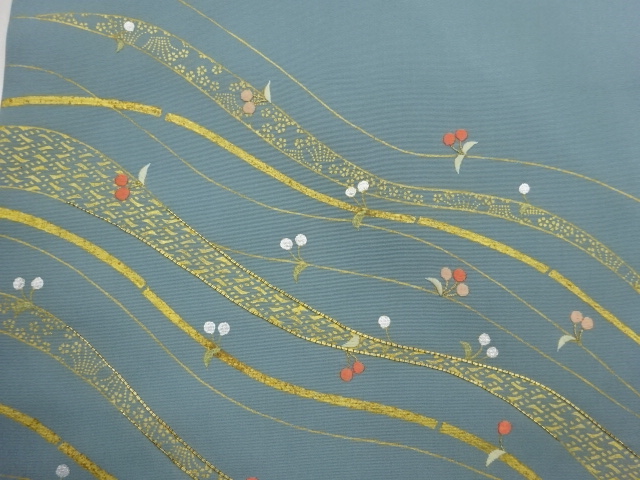  塩瀬金駒刺繍曲線に実模様名古屋帯